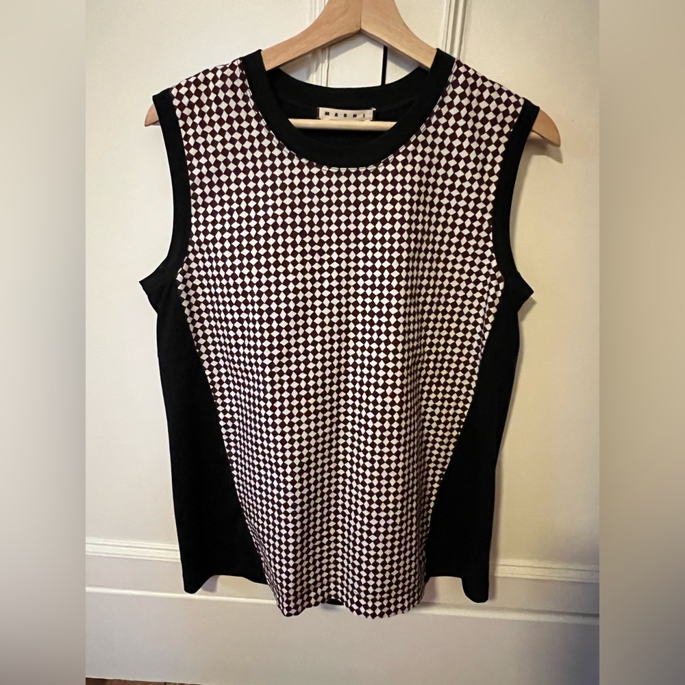 Marni | Racerback Shell Blouse - Black with Dark Orange Checkered Print size M